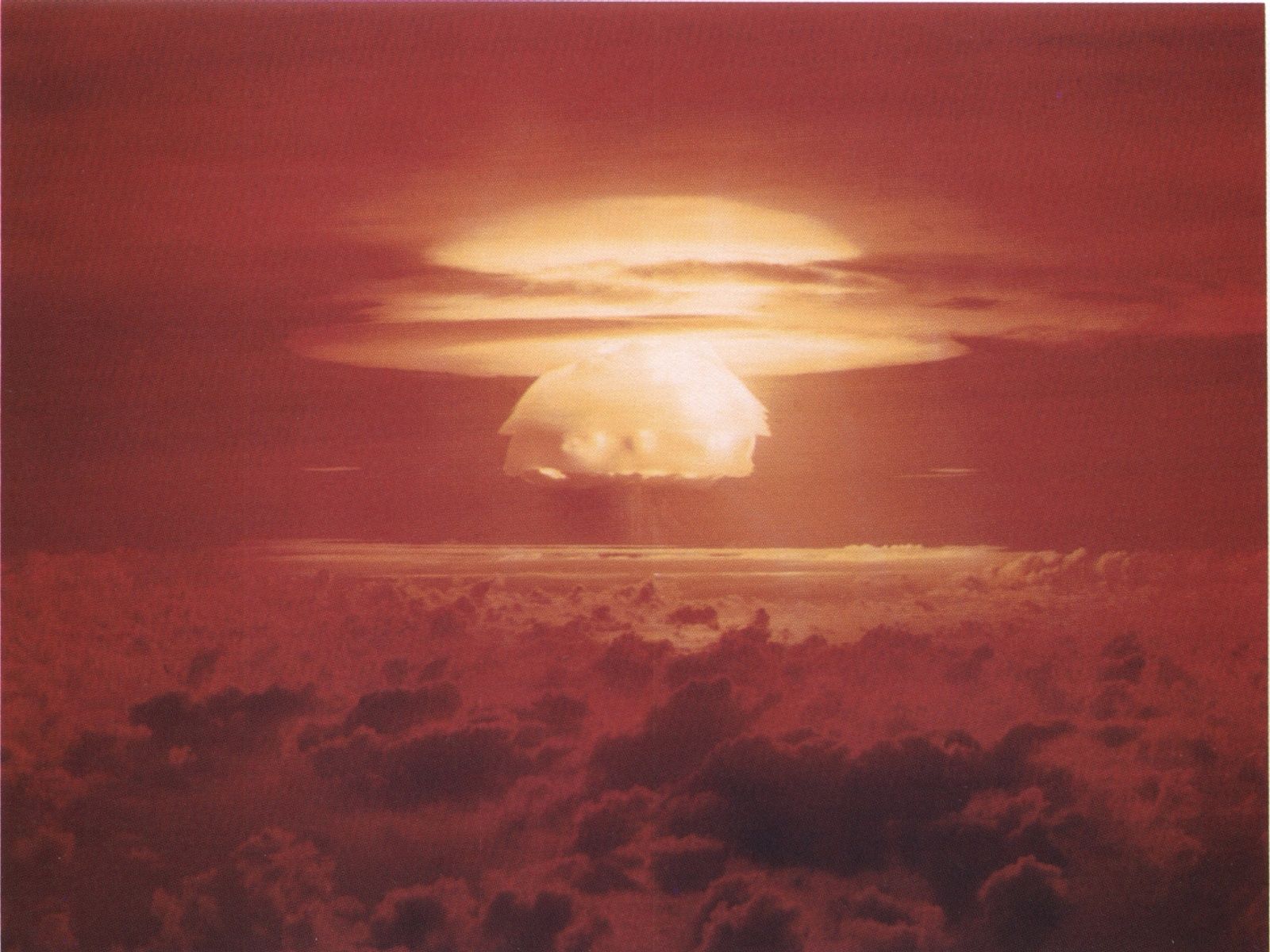 Image of the nuclear weapon test, Castle Bravo (yield 15 Mt) on Bikini Atoll, Marshall Islands, 1 March 1954.